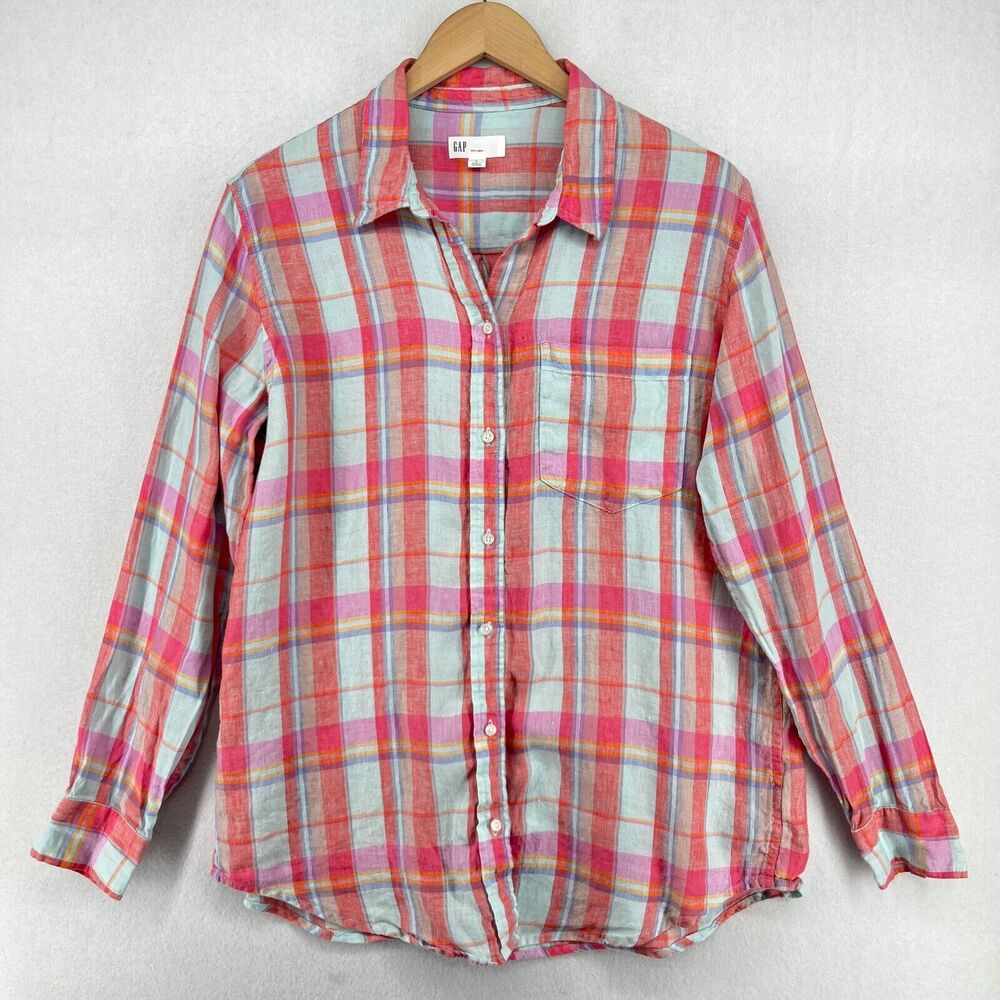 GAP Shirt Mens L Linen Madras Plaid Woven Button Front Long Sleeve Red